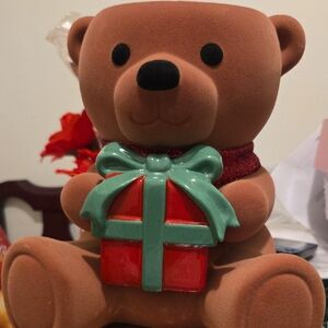 Bath & Body Works Brown Bear Candle Holder with Red and Green Gift